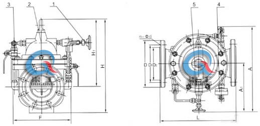 300X緩閉止回閥 外形結構圖 (1、針閥2、主閥3、球閥4、壓力表5、單向閥）