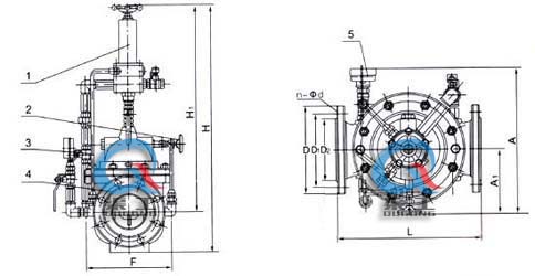 500X持壓泄壓閥 外形結(jié)構(gòu)圖(1、導(dǎo)閥2、針閥3、球閥4、主閥5、壓力表)